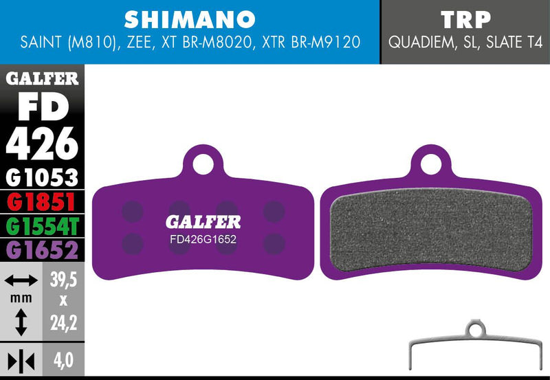 Galfer G1652 E-Bike Brake Pads Ebike Shimano Saint BR-M810 Purple Multi-Purpose Bicycle Organic Pair #FD426G1652