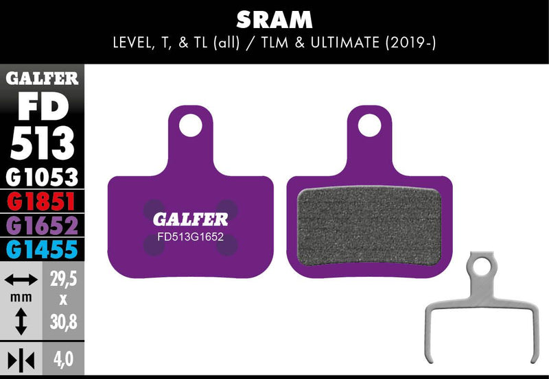Galfer G1652 E-Bike Brake Pads SRAM Level SRAM Level-T Bicycle Semi-Metallic Pair #FD513G1652