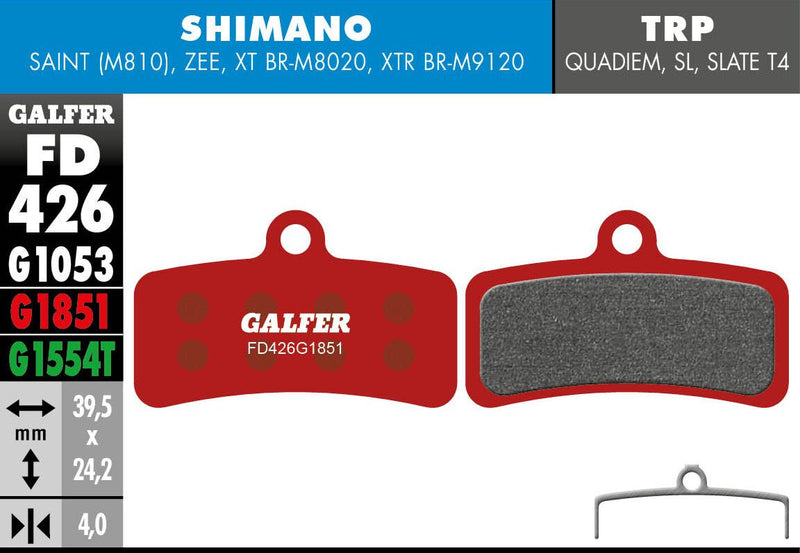 Galfer G1851 Advanced Brake Pads Shimano Saint BR-M810 Shimano XTR BR-M9120 (4-Piston) Bicycle Semi-Metallic Pair #FD426G1851