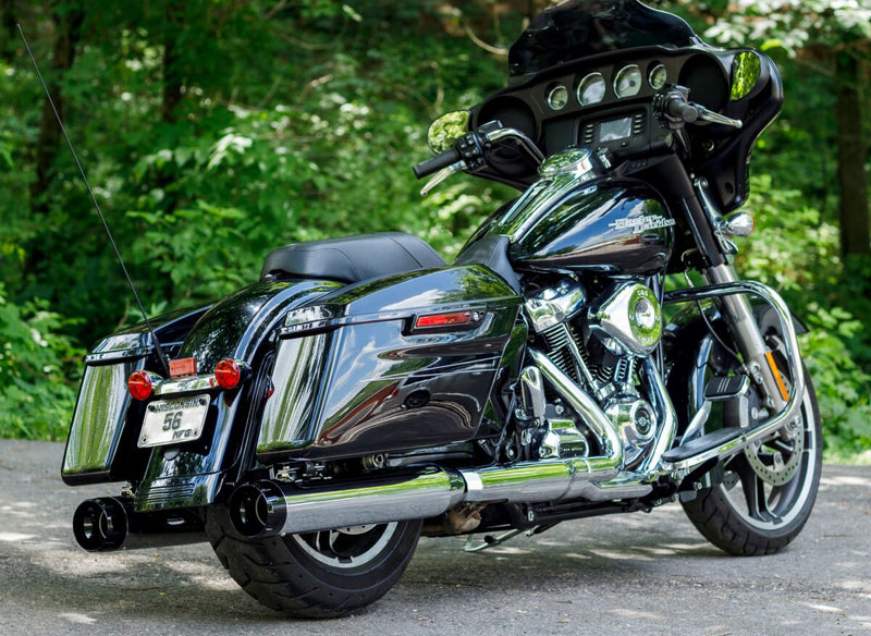S&S Cycle Chrome 4-1/2 in. Mk45 Slip-on Mufflers w/Black Thruster End Caps for 2017-2026 Harley-Davidson Touring Models #550-0664