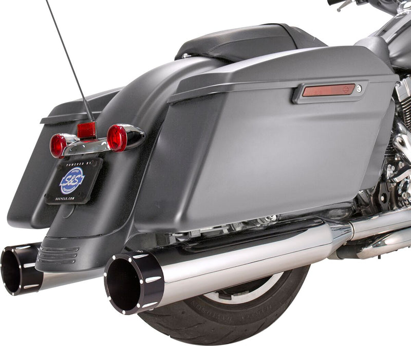S&S Cycle Chrome 4-1/2 in. Mk45 Slip-On Mufflers w/Black Contrast Machined Tracer End Caps for 2017-2026 Harley-Davidson Touring Models #550-0668