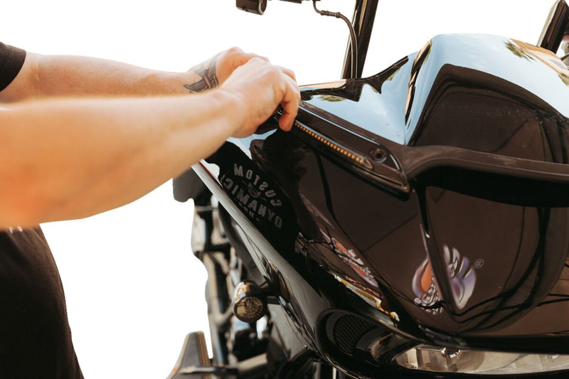 Custom Dynamics Black LED Windshield Trim With Auxiliary Turn Signals for 2015-2025 Harley-Davidson Touring and 2023-2025 Harley-Davidson Trike Motorcycles