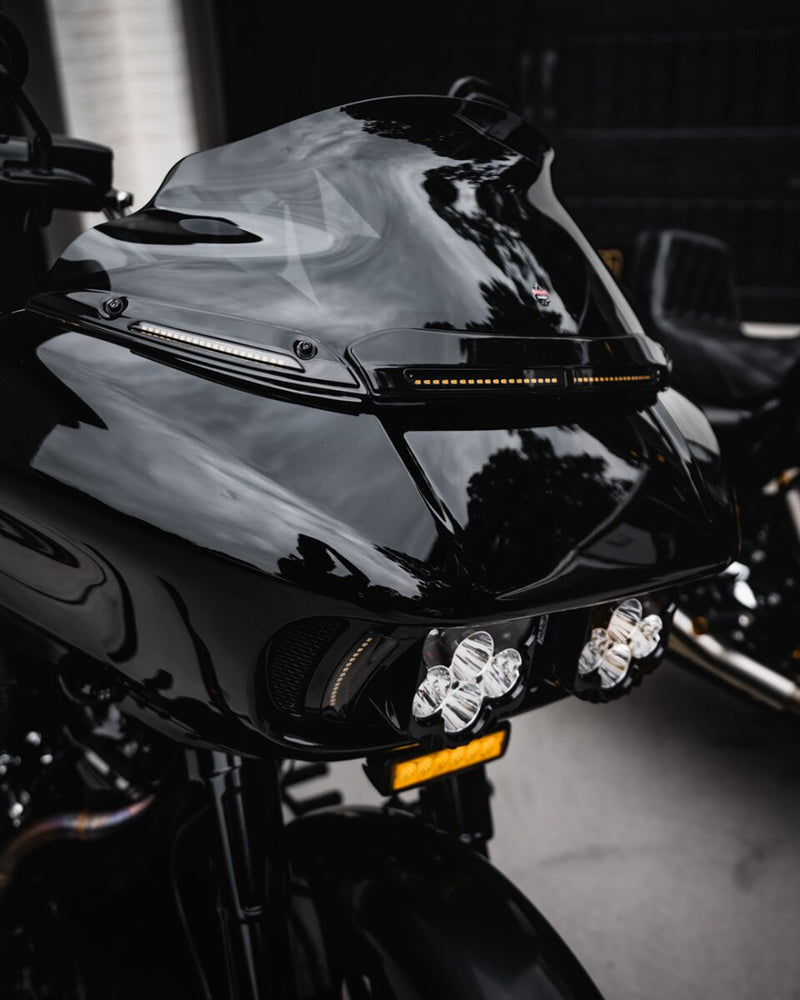 Custom Dynamics Black LED Windshield Trim With Sequential Auxiliary Turn Signals for 2023-2025 Harley-Davidson Trike and 2015-2023 Harley-Davidson Touring Motorcycles