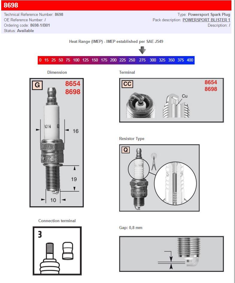 Champion Spark Plugs/ Standard And Resistor Types Power Sports 8698-1