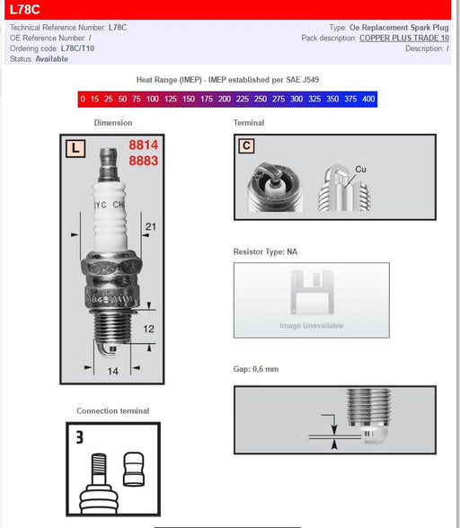 Champion Spark Plugs/ Standard And Resistor Types Copper Plus L78C Non-Resistor Type