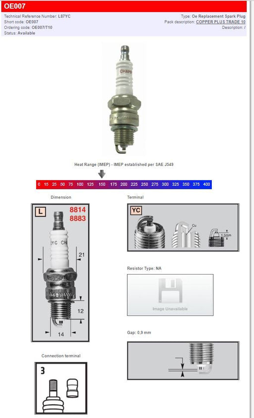Champion S-Plug Spark Plug L87YC Resistor Type