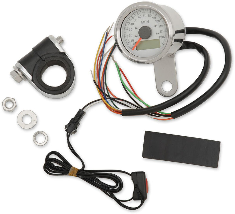 Drag Specialties 1 7/8" Stainless Steel w/White Face 130 MPH Programmable Electronic Speedo w/LED Indicator Lights