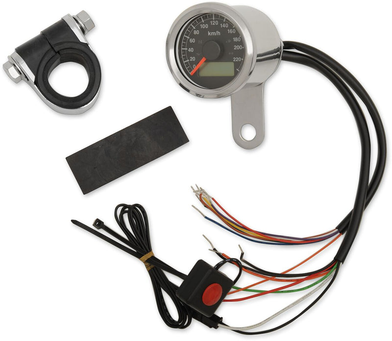 Drag Specialties 1 7/8" (47.625 mm) Stainless Steel w/Black Face 220 KPH Programmable Electronic Speedo w/LED Indicator Lights