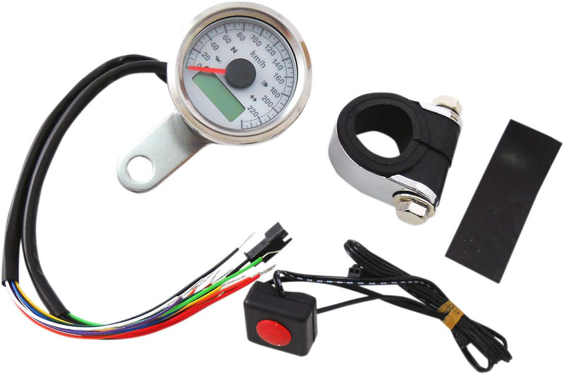 Drag Specialties 1 7/8" (47.625mm) Stainless Steel w/White Face 220 KPH Programmable Electronic Speedo w/LED Indicator Lights