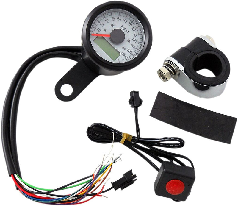 Drag Specialties 1 7/8" Black w/White Face 130 MPH Programmable Electronic Speedo w/LED Indicator Lights