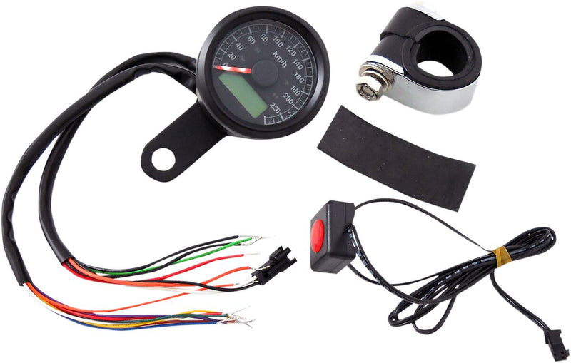 Drag Specialties 1 7/8" (47.625mm) Black w/Black Face 220 KPH Programmable Electronic Speedo w/LED Indicator Lights