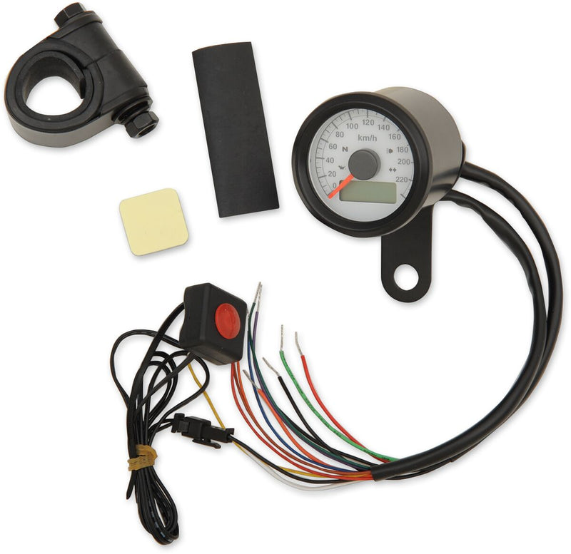Drag Specialties 1 7/8" (47.625mm) Black w/White Face 220 KPH Programmable Electronic Speedo w/LED Indicator Lights