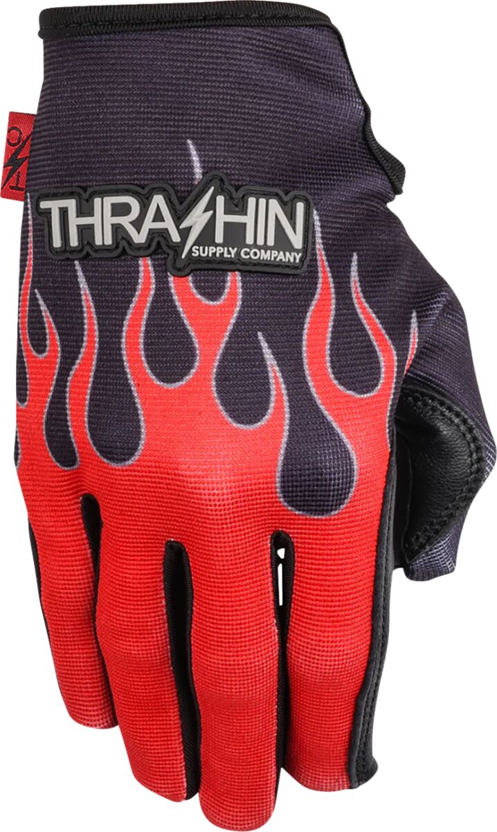 Thrashin Supply Co. Stealth Leather Palm Flame Gloves Red Short Cuff Genuine Leather Textile Pair #SV1-21-09