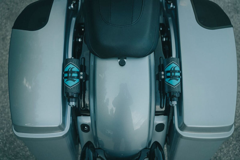 Legend Suspension REVO ARC Reservoir Decal Black Teal Blue Pair