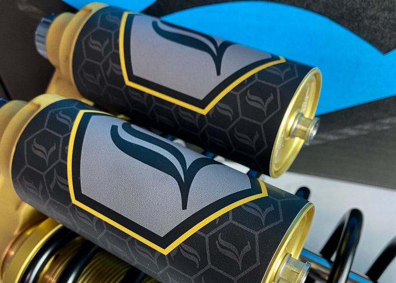 Legend Suspension REVO ARC Reservoir Decal Black Gold Pair #43202402
