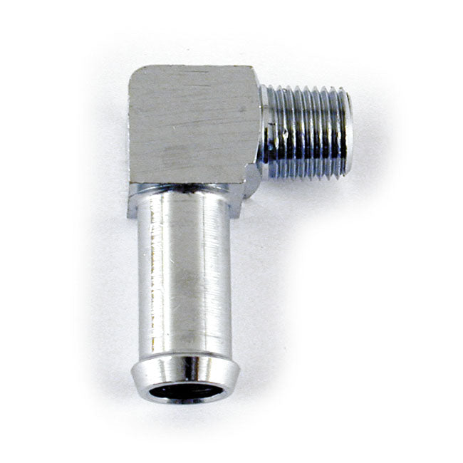 MCS Oil Line Fitting, 90 Degree. 1/8"-27 NPT to 3/8". Chrome – Oil Pump: 1977–2022 XL Sportster; Custom…