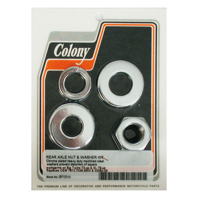 Colony Axle Nut and Washer Kit, Rear – 73-Up Big Twin; 79-Up XL Sportster. With…