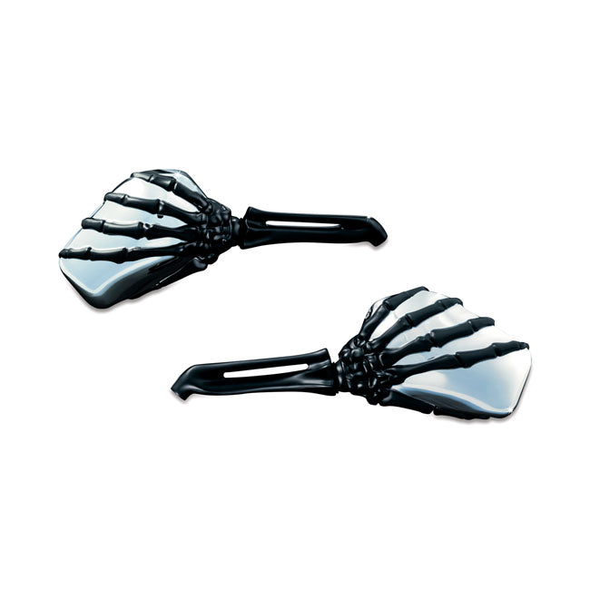 Kuryakyn Skeleton-hand Mirror Set. Black Hand, Chrome Head – Incl. Adapters for Metric Bikes