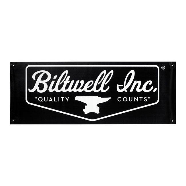 Biltwell Shield Logo Shop Banner Black/White – 18" x 48"