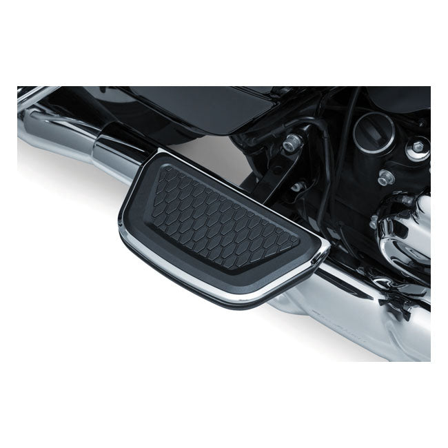 Kuryakyn 'Hex' passenger floorboard inserts 86-21 Electra Glides, Road Glides, Road Kings; Tour Glides & Trikes with Traditional D-Shaped Passenger Boards; 86-17 Softail & 06-17 Dyna models equipped with H-D accessory passenger floorboard kits using tradi