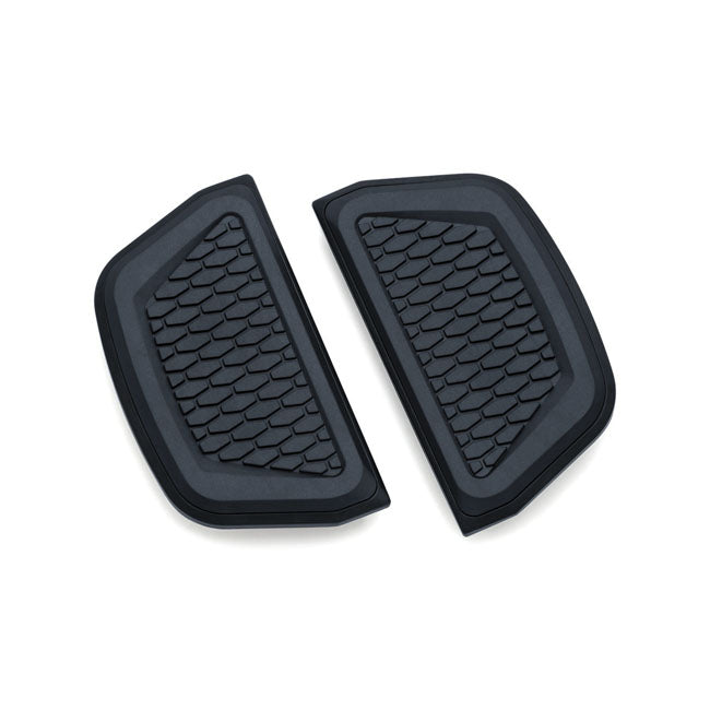 Kuryakyn 'Hex' passenger floorboard inserts 86-21 Electra Glides, Road Glides, Road Kings; Tour Glides & Trikes with Traditional D-Shaped Passenger Boards; 86-17 Softail & 06-17 Dyna models equipped with H-D accessory passenger floorboard kits using tradi