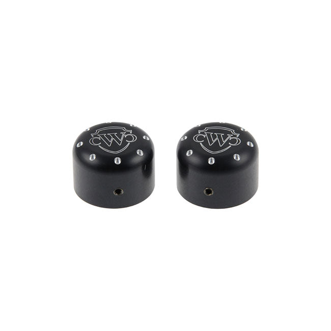 Cult-Werk, Front Axle Cover Kit. Gloss Black With Logo for 08-17 Softail; 07-17 Dyna; 02-17 Vrod; 08-20 Touring