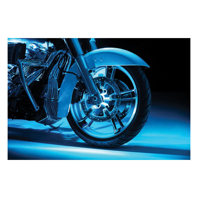 Kuryakyn Prism+ Roulette wheel LED light kit Harley: H-D front wheel axle spacers 1.3" to 1.5" in diameter with .7" of space between fork and wheel/brake rotor (excl. CVO models)