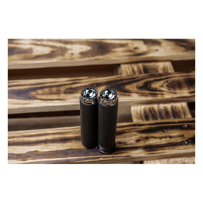 Rough Crafts Knurled Rubber Handlebar Grips. Chrome – 2008–2025 H-D with E-throttle