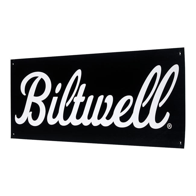 Biltwell Script Shop Banner Black/White – 18" x 48"