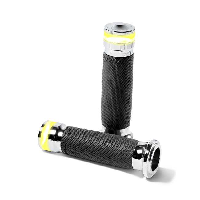 Performance Machine Contour Vision LED Turn Signal Grips. Chrome – 2008–2025 H-D with E-throttle
