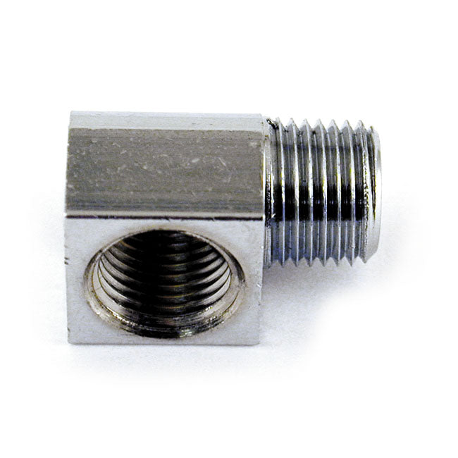 MCS Oil Fitting Adapter, 90 Degree. Chrome – 1968–1998 Big Twin; 1970–1979 XR750