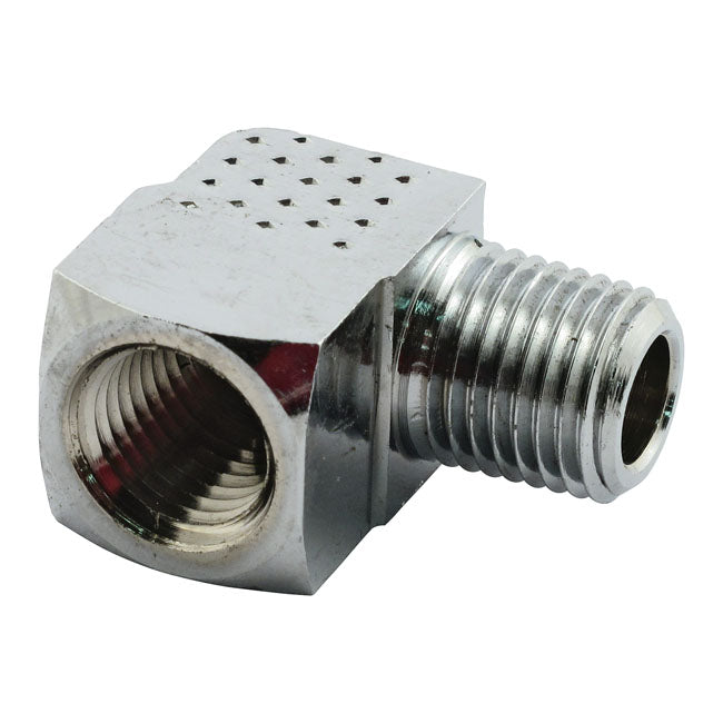 MCS Adapter Oil Line Fitting, 90 Degrees. 1/4" NPT. Chrome