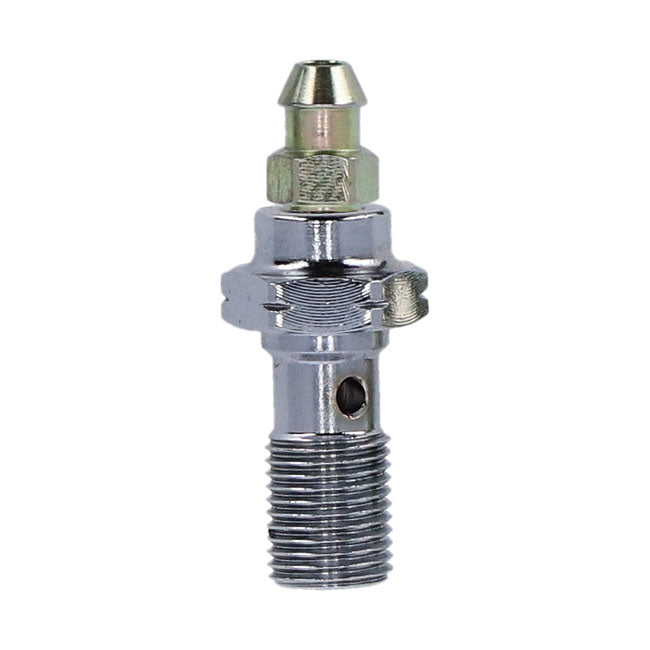 M10 x 1.00 banjo bolt w/bleed nipple. Chrome