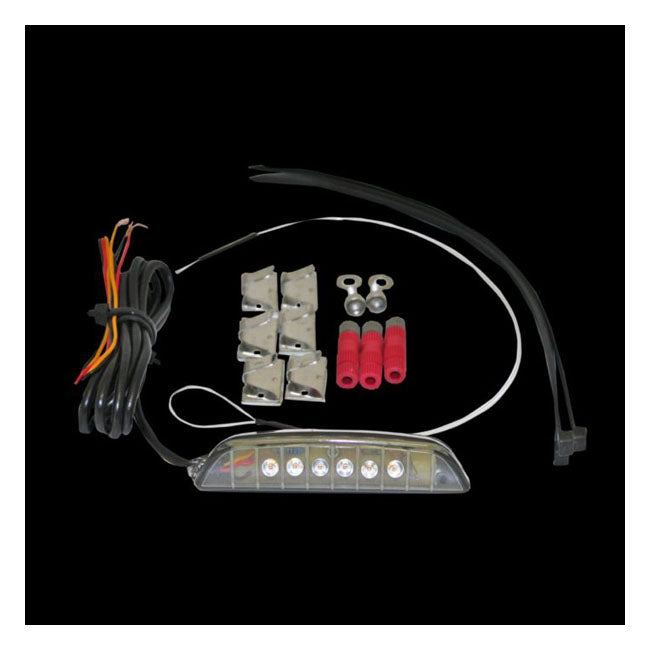 Custom Dynamics luggage rack LED light bar. Smoke lens Softail, Dyna, Sportster models with H-Dâ„¢ air foil luggage rack OEM 54290-11 and 54291-11. Simple 3 wire installation with provided Posi-Tapâ„¢ connectors.   09-21 H-Dâ„¢ Touring models with H-Dâ„¢