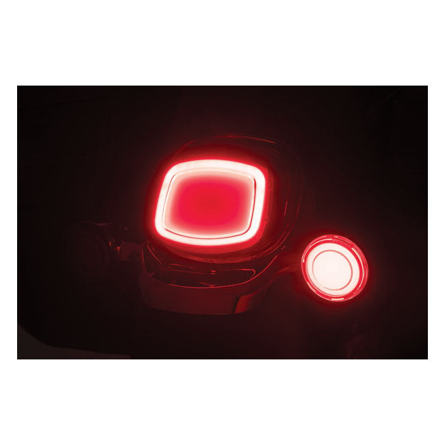 Kuryakyn rear Tracer LED turn signal insert set. Red lens Touring:19-22 FLHT; 04-05 FLHTCSE; 06-13 FLHTCUSE; 14-15 FLHTKSE; 04-09 FLTR/I; 11-13 FLTRU; 2011 FLTRUSE; 04-07 FLHRS/I; 02-03 & 07-08 FLHRSE;  06-09 FLHX/I.   Softail: 18-21 FLHC; 18-22 FLHCS; 18
