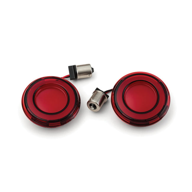 Kuryakyn rear Tracer LED turn signal insert set. Red lens Touring:19-22 FLHT; 04-05 FLHTCSE; 06-13 FLHTCUSE; 14-15 FLHTKSE; 04-09 FLTR/I; 11-13 FLTRU; 2011 FLTRUSE; 04-07 FLHRS/I; 02-03 & 07-08 FLHRSE;  06-09 FLHX/I.   Softail: 18-21 FLHC; 18-22 FLHCS; 18