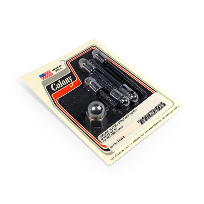 Colony Sprocket Cover Mount Kit. Chrome Acorn – 1977–1985 XL Sportster