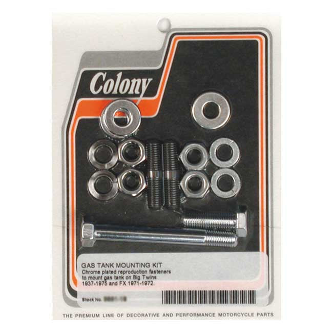 Colony. 37-75 Gas Tank Mount Kit. Chrome – 1937–1975 Big Twin; 1971–1972 FX