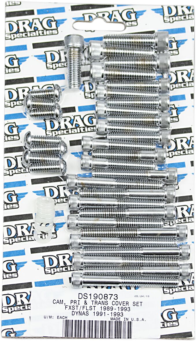 Drag Specialties Cam/Primary/Transmission Cover Bolt Set Chrome Silver Knurled Socket-Head Cam Cover Derby Cover