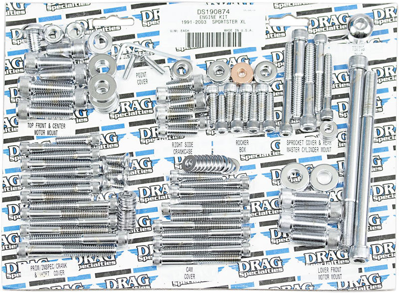 Drag Specialties Complete Motor Bolt Kit Chrome Silver Knurled Socket-Head Steel - MK244