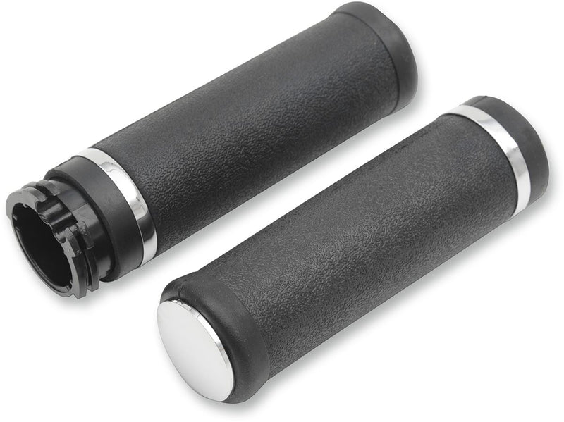 Drag Specialties Rubber Grips with Accent Rings and End Caps Black Chrome Cable Closed End Aluminium Pair