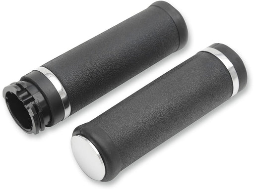 Drag Specialties Rubber Grips with Accent Rings and End Caps Black Chrome Cable Closed End Aluminium Pair