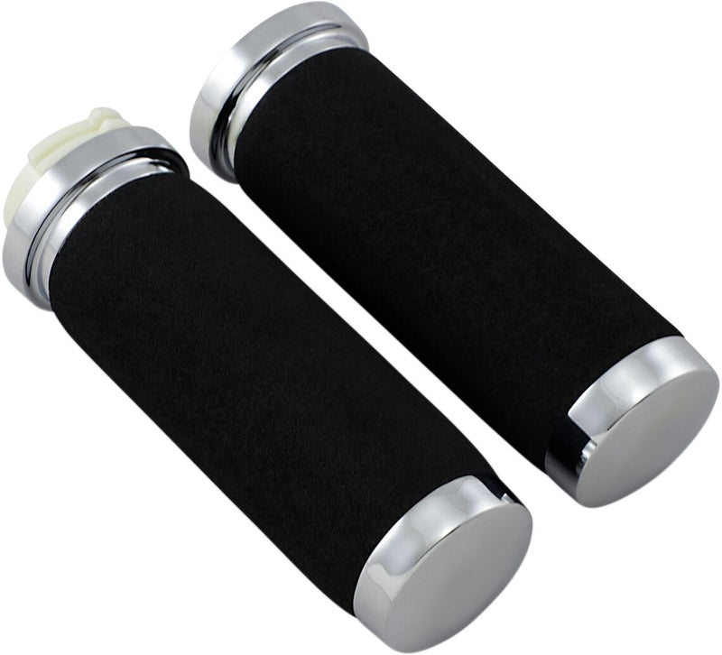 Drag Specialties Rubber Grips with Accent Rings and End Caps Black Chrome Cable Closed End Aluminium Pair