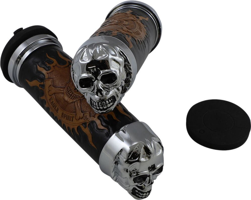 Drag Specialties Skull Grips Black Brown Cable Closed End Foam Leather Pair