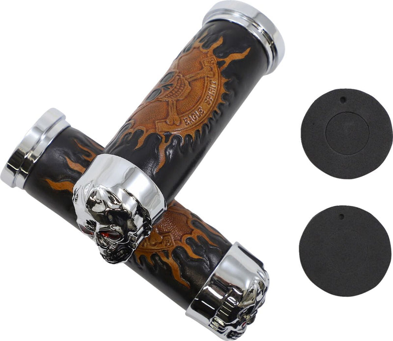 Drag Specialties Skull Grips Black Brown Cable Closed End Foam Leather Pair Black| Brown| Chrome| Red