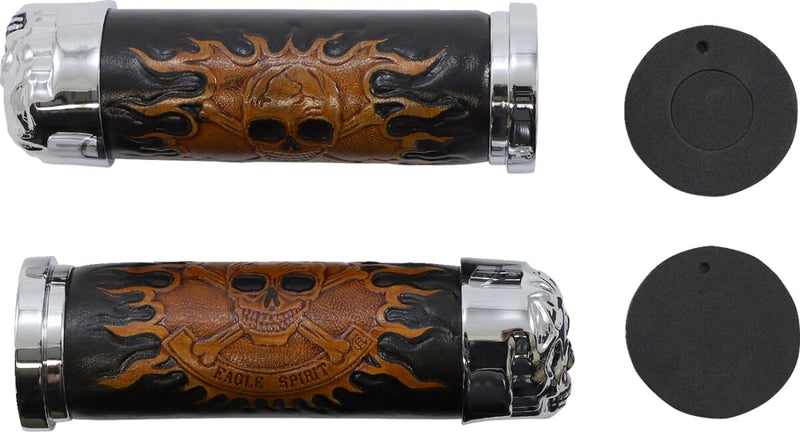 Drag Specialties Skull Grips Black Brown Cable Closed End Foam Leather Pair