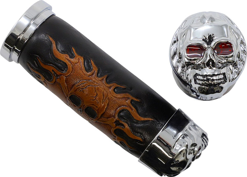Drag Specialties Skull Grips Black Brown Cable Closed End Foam Leather Pair Black| Brown| Chrome| Red - 17-0505CDTS
