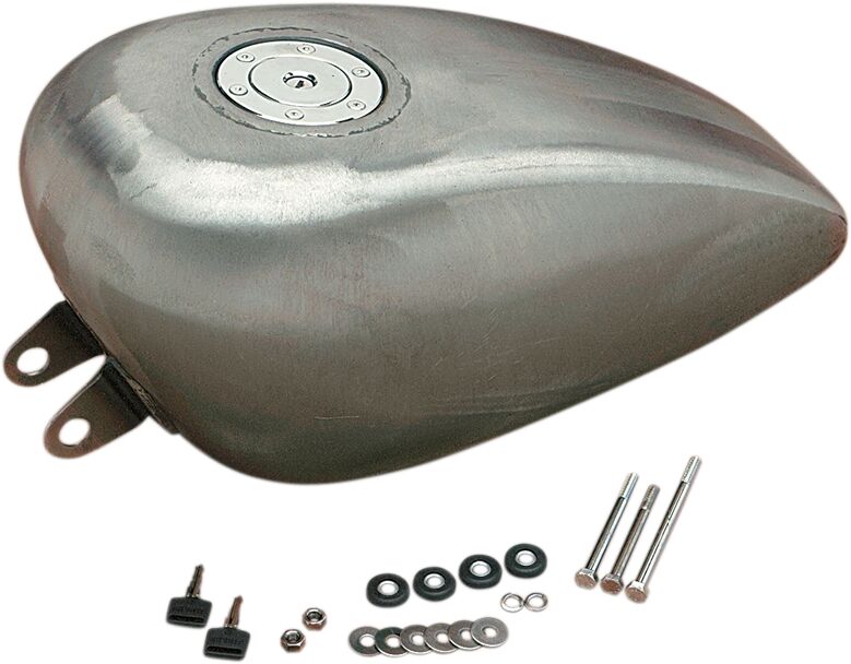 Drag Specialties Gas Tank with Chrome Aero-Style Gas Cap Raw Silver High Tunnel Rubber Mount Steel - 011743-BX39