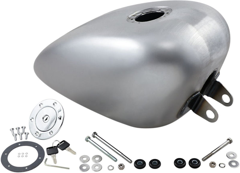 Drag Specialties Gas Tank with Chrome Aero-Style Gas Cap Raw Silver High Tunnel Rubber Mount Steel - 011743-BX39