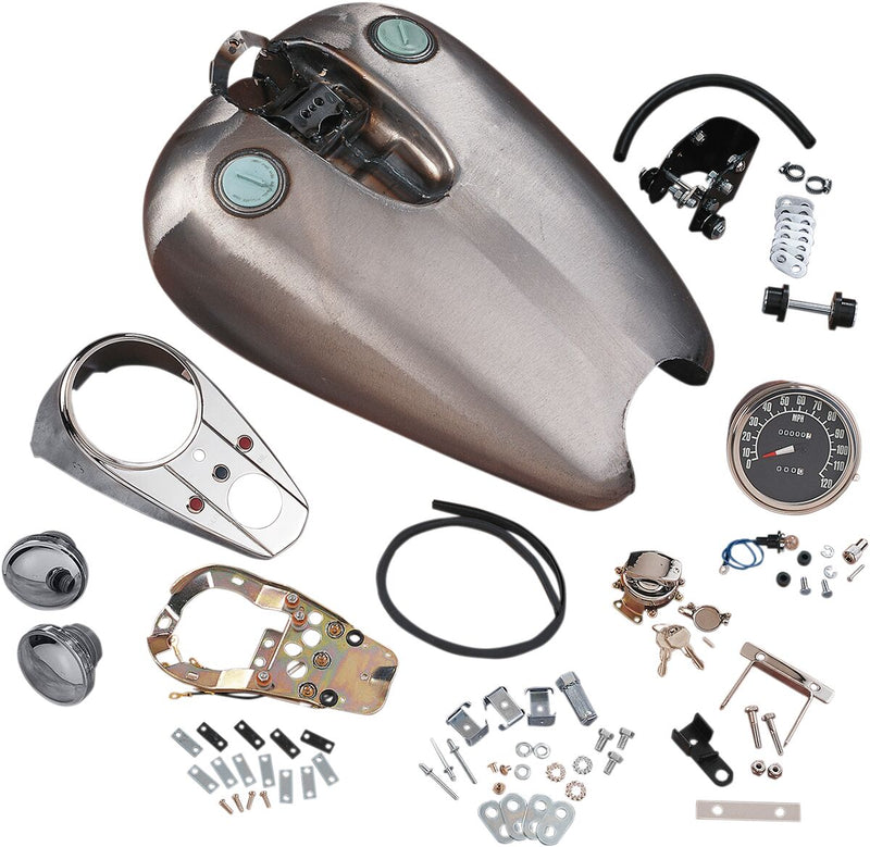 Drag Specialties Extended Dash-Style Rubber-Mount Quickbob® Tank Kit Fuel Tank Raw Silver Extended 2" Rubber Mount Steel